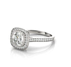 Perspective view highlighting the sparkling cushion cut lab diamond surrounded by a cushion micro-pavé halo.