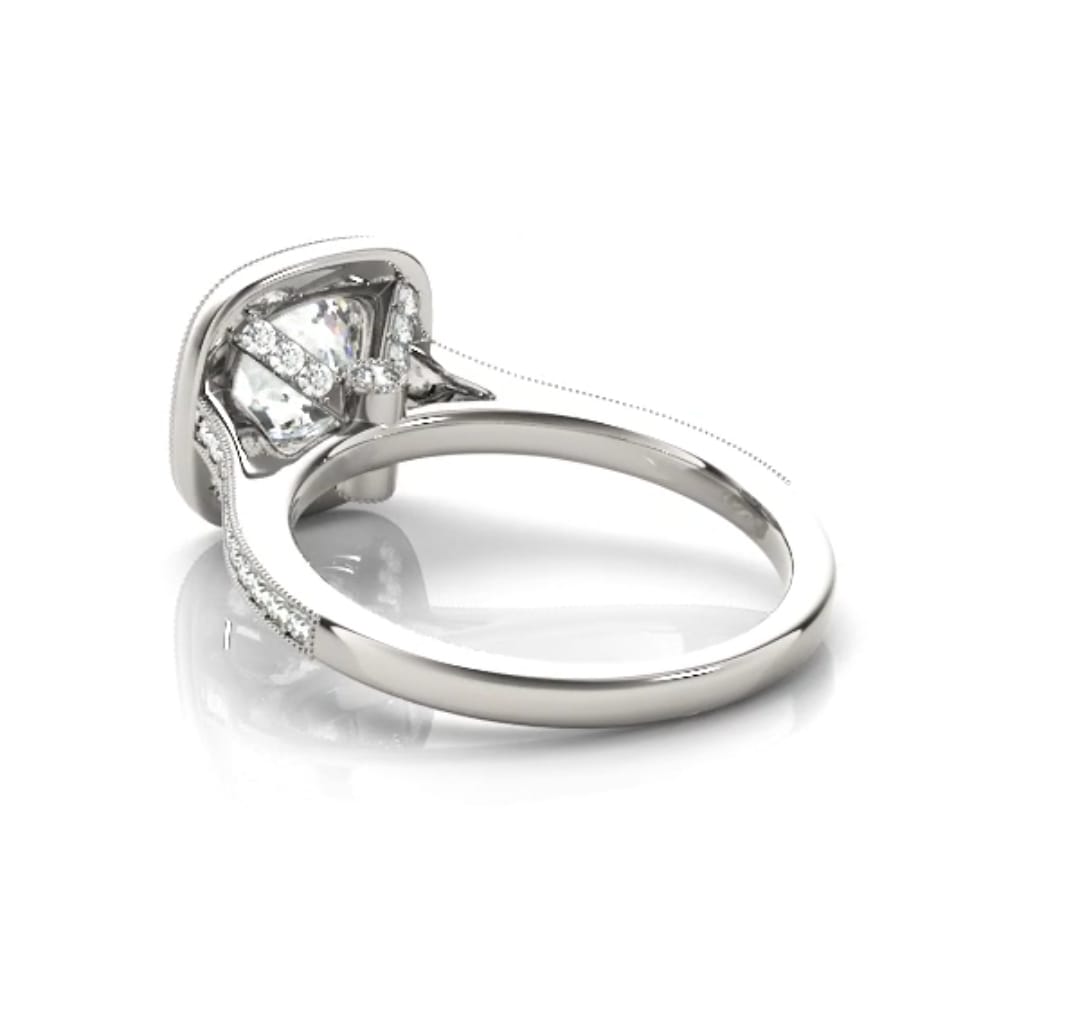 Underside view showing the smooth white gold comfort-fit band transitioning from the pavé diamond shoulders.