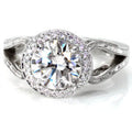 Direct overhead angle of a round cut lab-grown diamond set in an intricate Art Deco style halo setting.