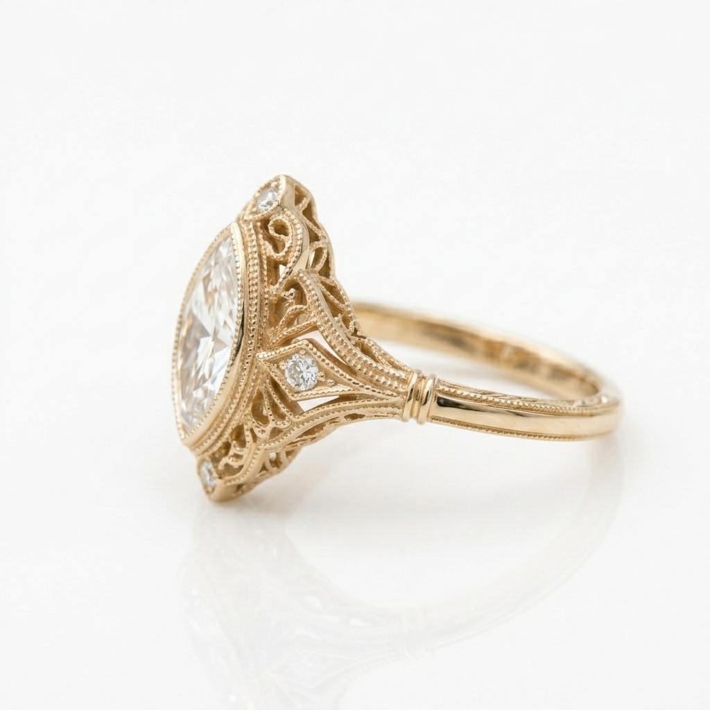 Side profile of 3 carat marquise cut lab-grown diamond engagement ring highlighting yellow gold milgrain and filigree work.