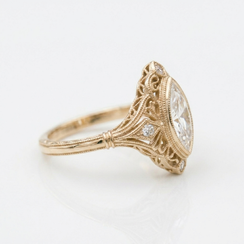 Angled side view of vintage bezel-set marquise lab diamond ring with decorative scrollwork shoulder.