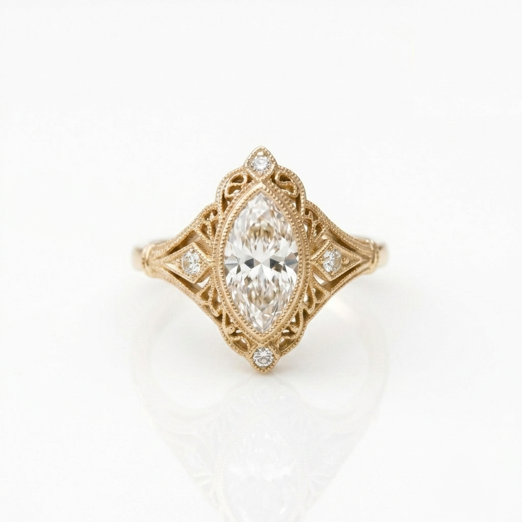 Top-down view of 3 CT marquise cut lab grown diamond in an antique filigree yellow gold setting.