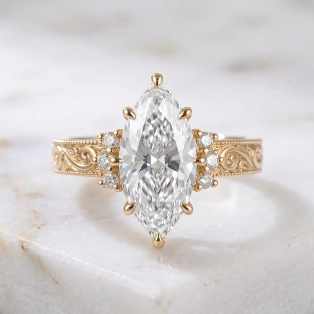Front product photo of 4 CT marquise lab created diamond engagement ring with side clusters isolated on marble background.