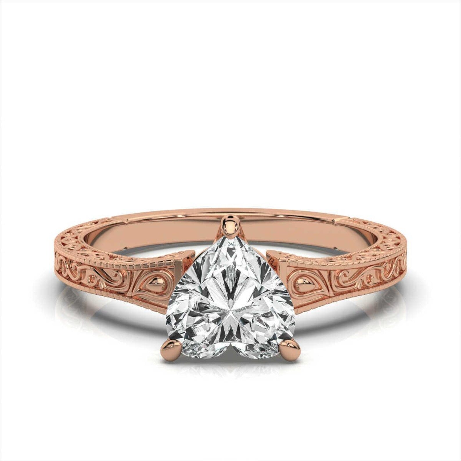 2 CT Heart Cut Lab Grown Diamond Vintage Ring | Engraved Scrollwork Band