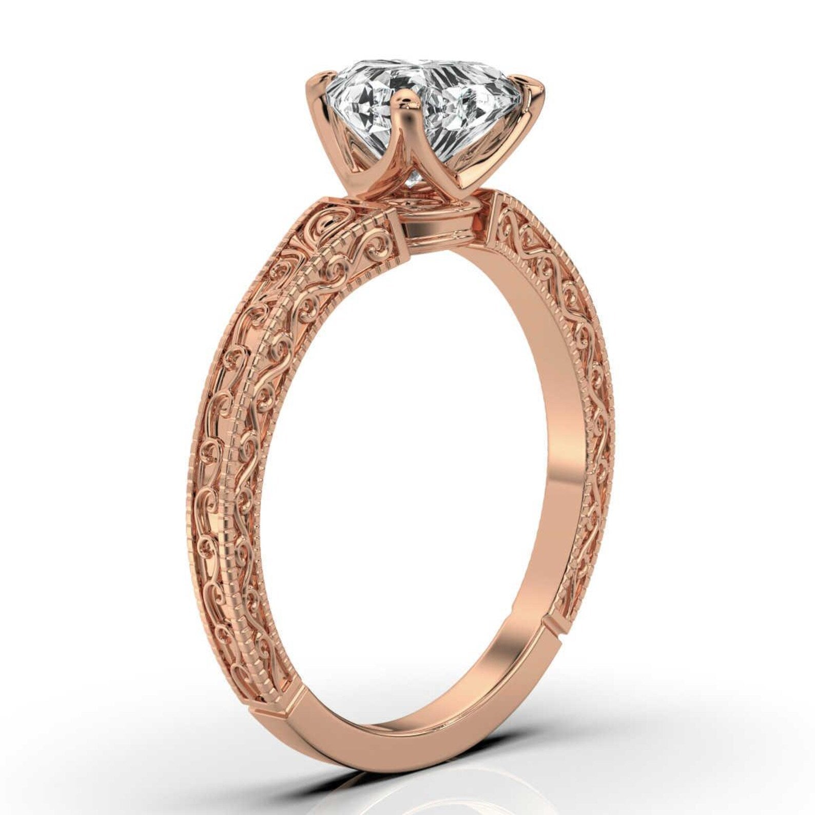 2 CT Heart Cut Lab Grown Diamond Vintage Ring | Engraved Scrollwork Band