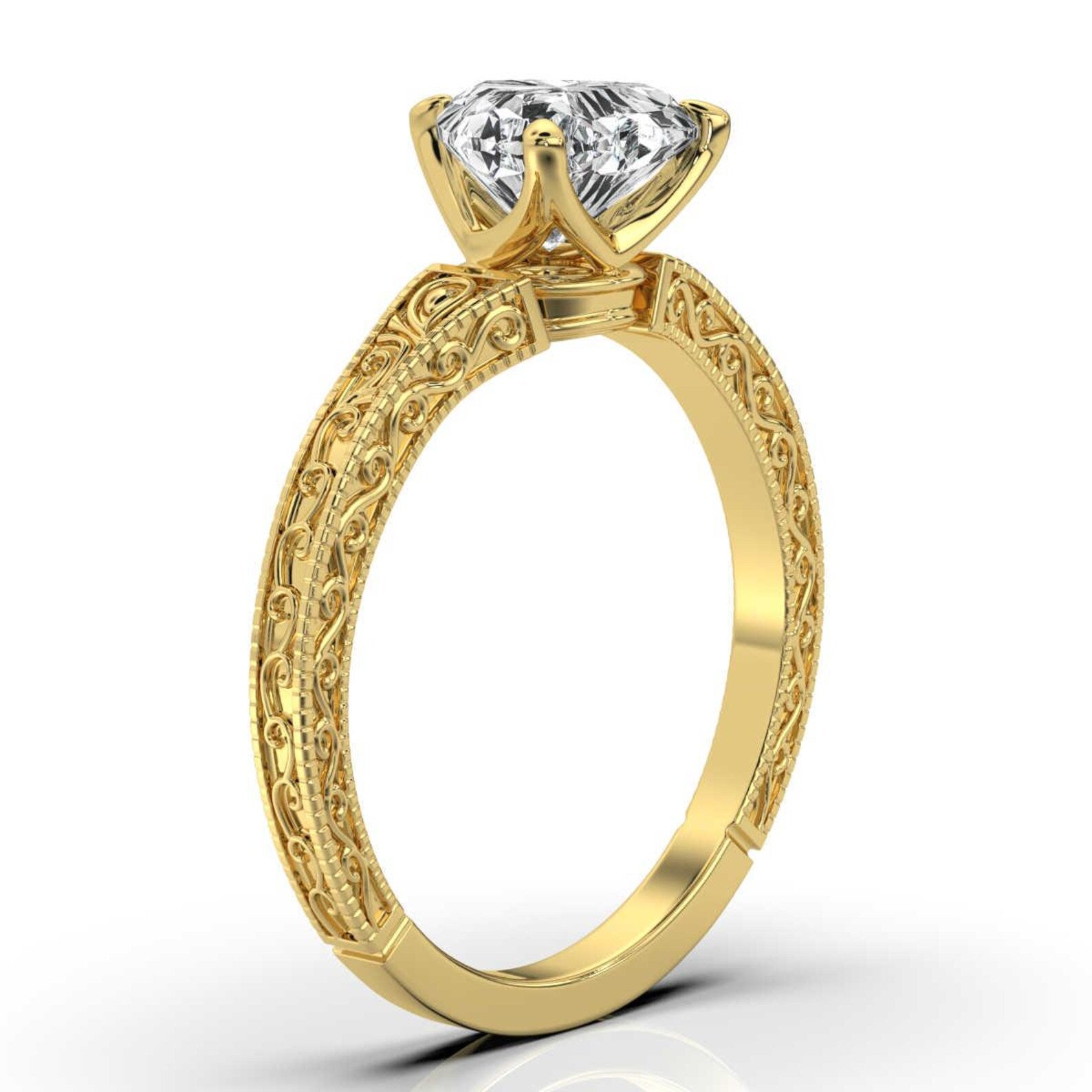 2 CT Heart Cut Lab Grown Diamond Vintage Ring | Engraved Scrollwork Band