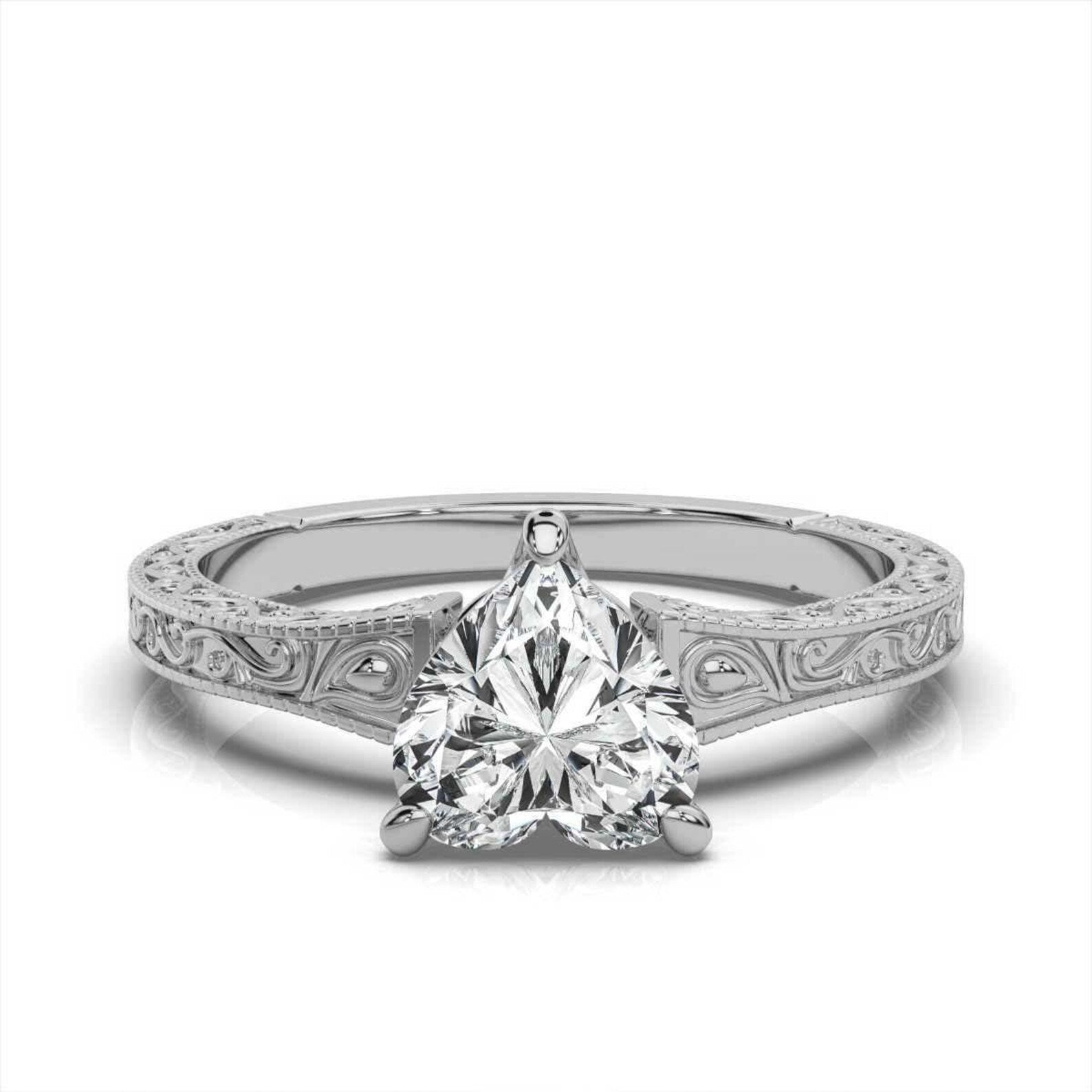 2 CT Heart Cut Lab Grown Diamond Vintage Ring | Engraved Scrollwork Band