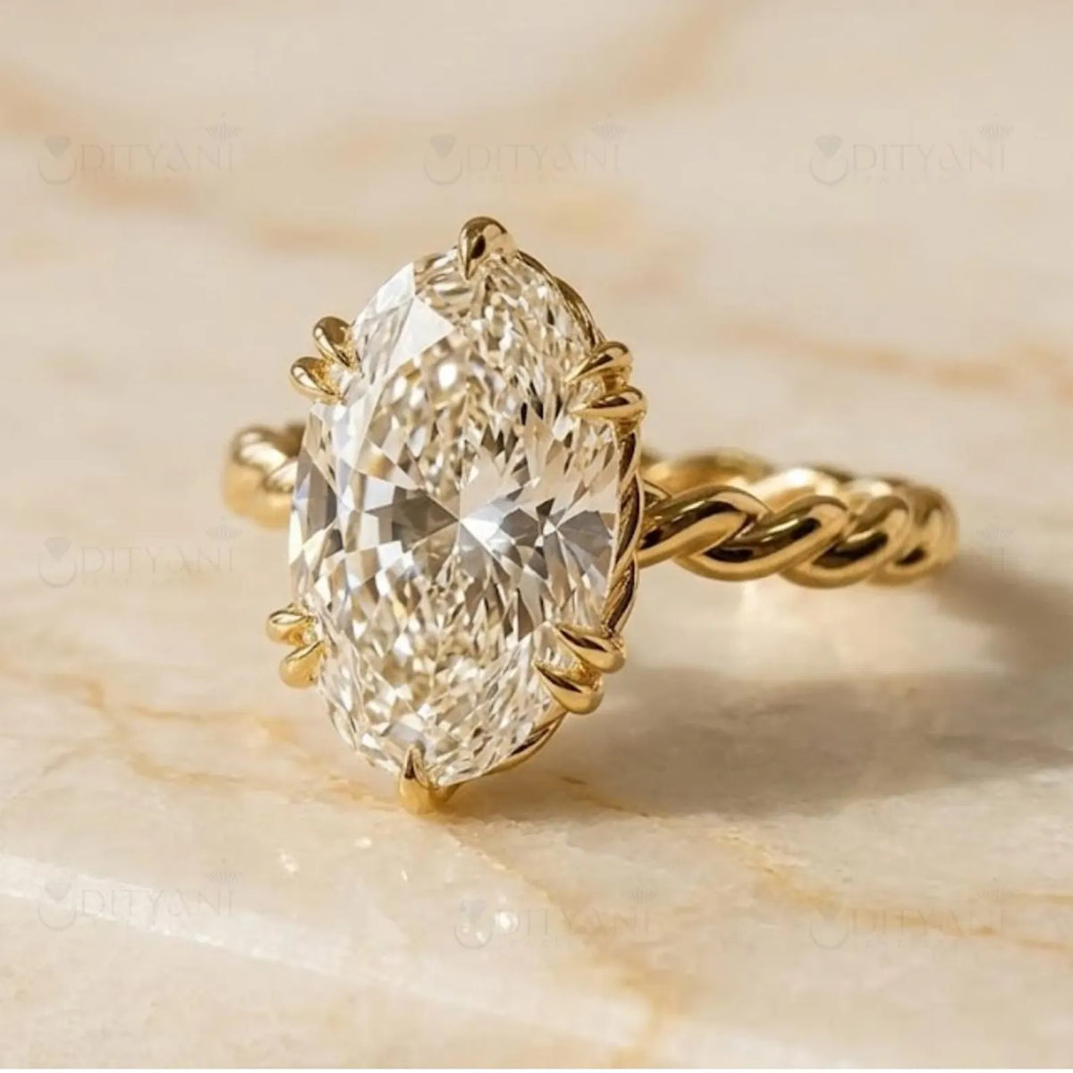 Front angle view of 3 carat oval lab created diamond ring on a light marble background.