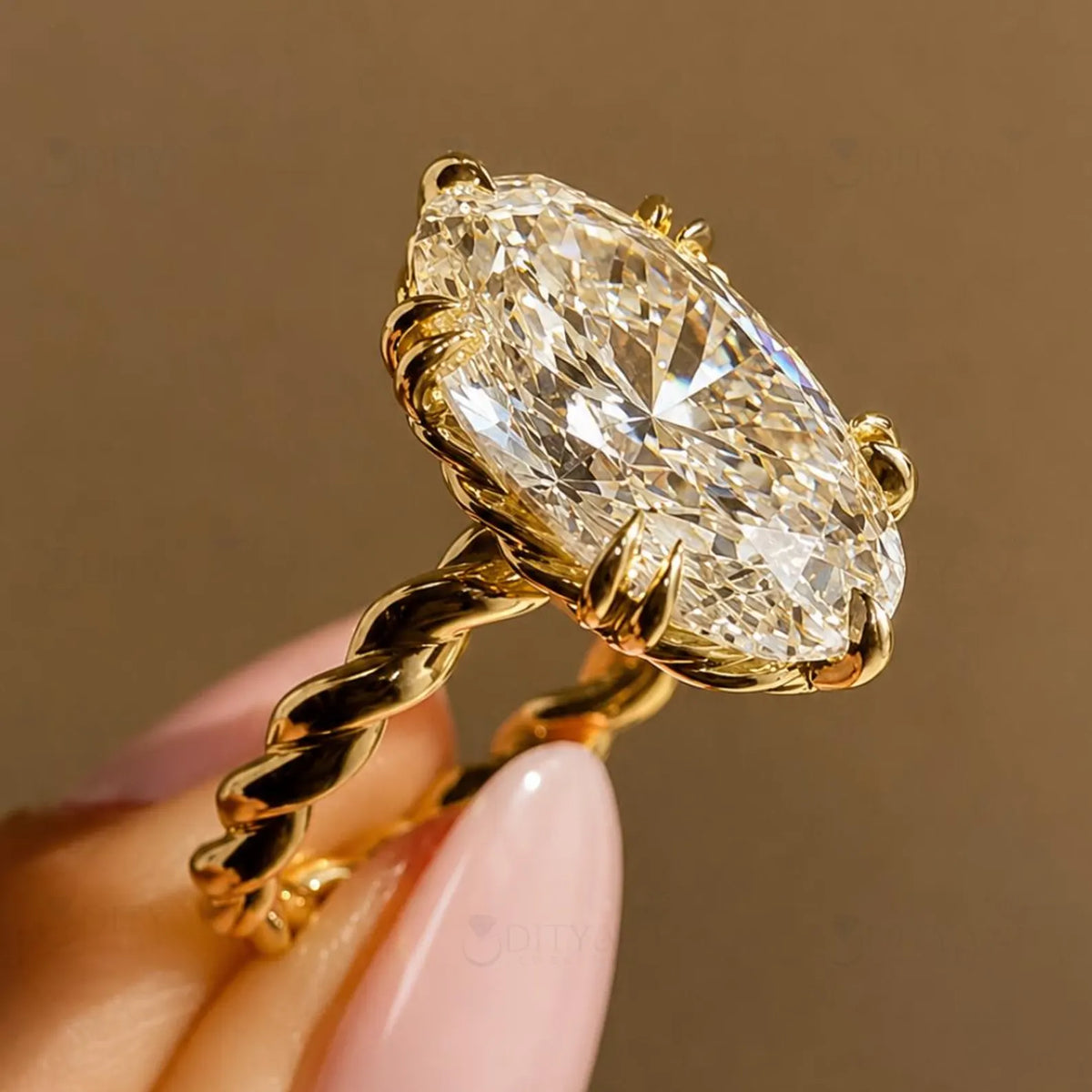 Hand-held close-up shot highlighting the brilliant facets and double claw setting of a 3 ct oval lab diamond ring.