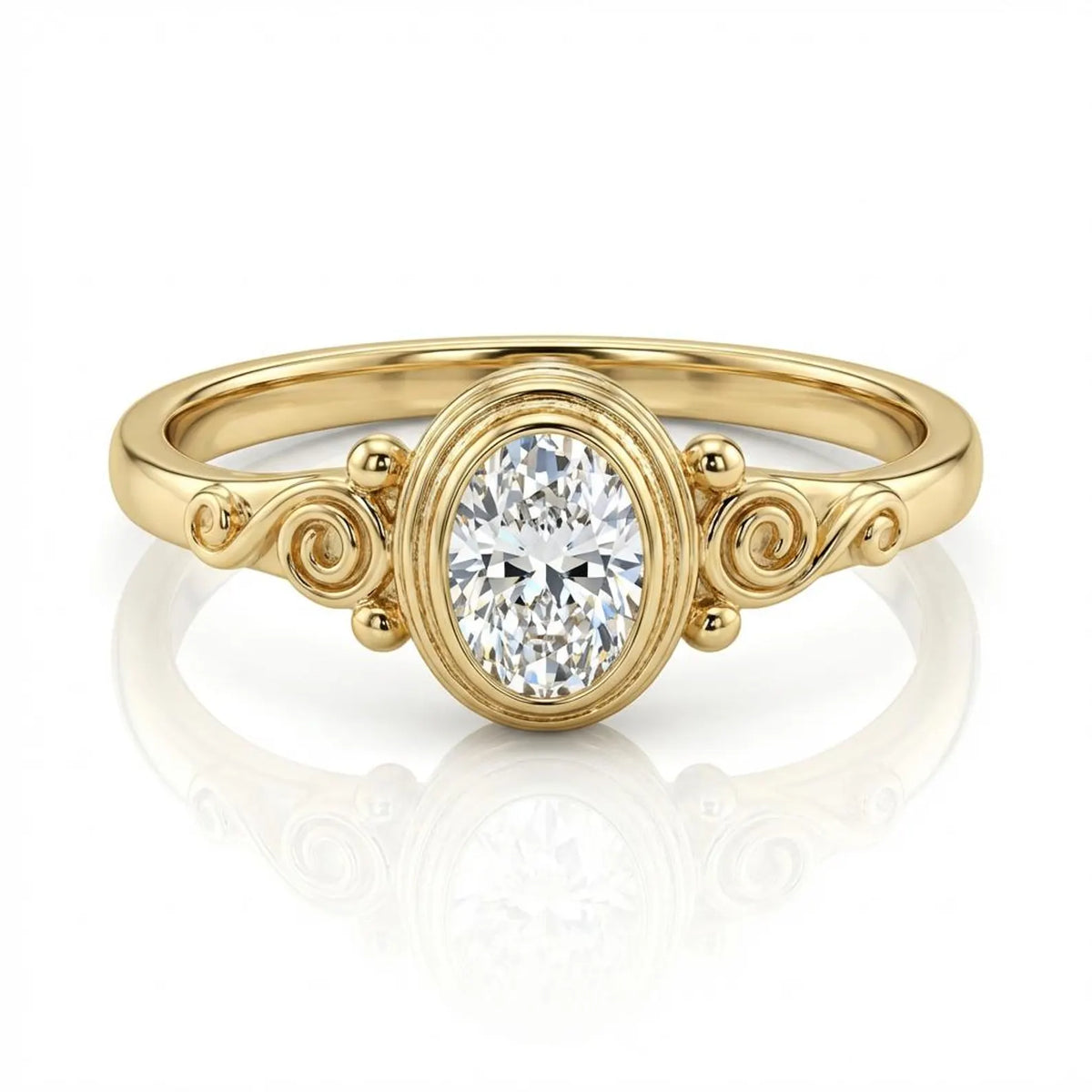 Front view of 2 carat oval lab diamond ring in yellow gold bezel setting with swirl accents.