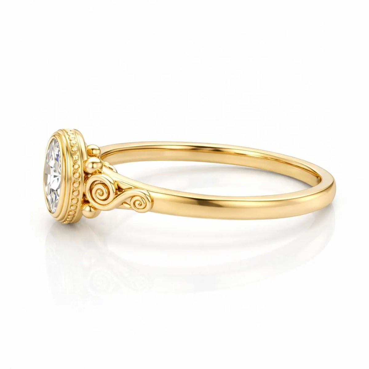 Side profile of yellow gold oval diamond ring highlighting milgrain edge and scroll shoulders.