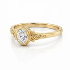 Angled studio view of 2 CT oval lab grown diamond bezel solitaire ring in yellow gold.