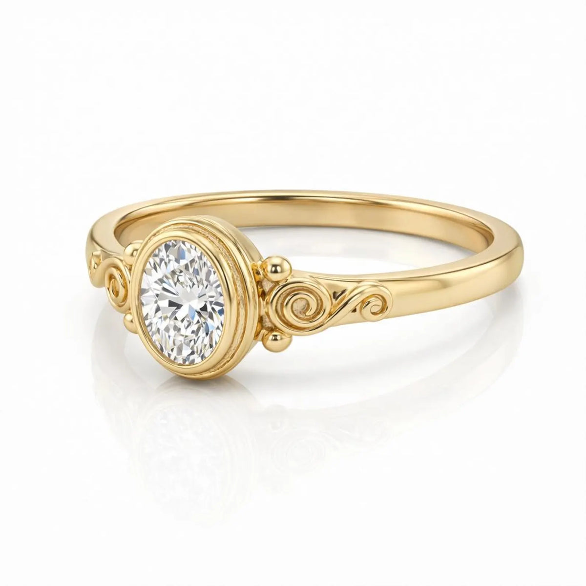 Angled studio view of 2 CT oval lab grown diamond bezel solitaire ring in yellow gold.