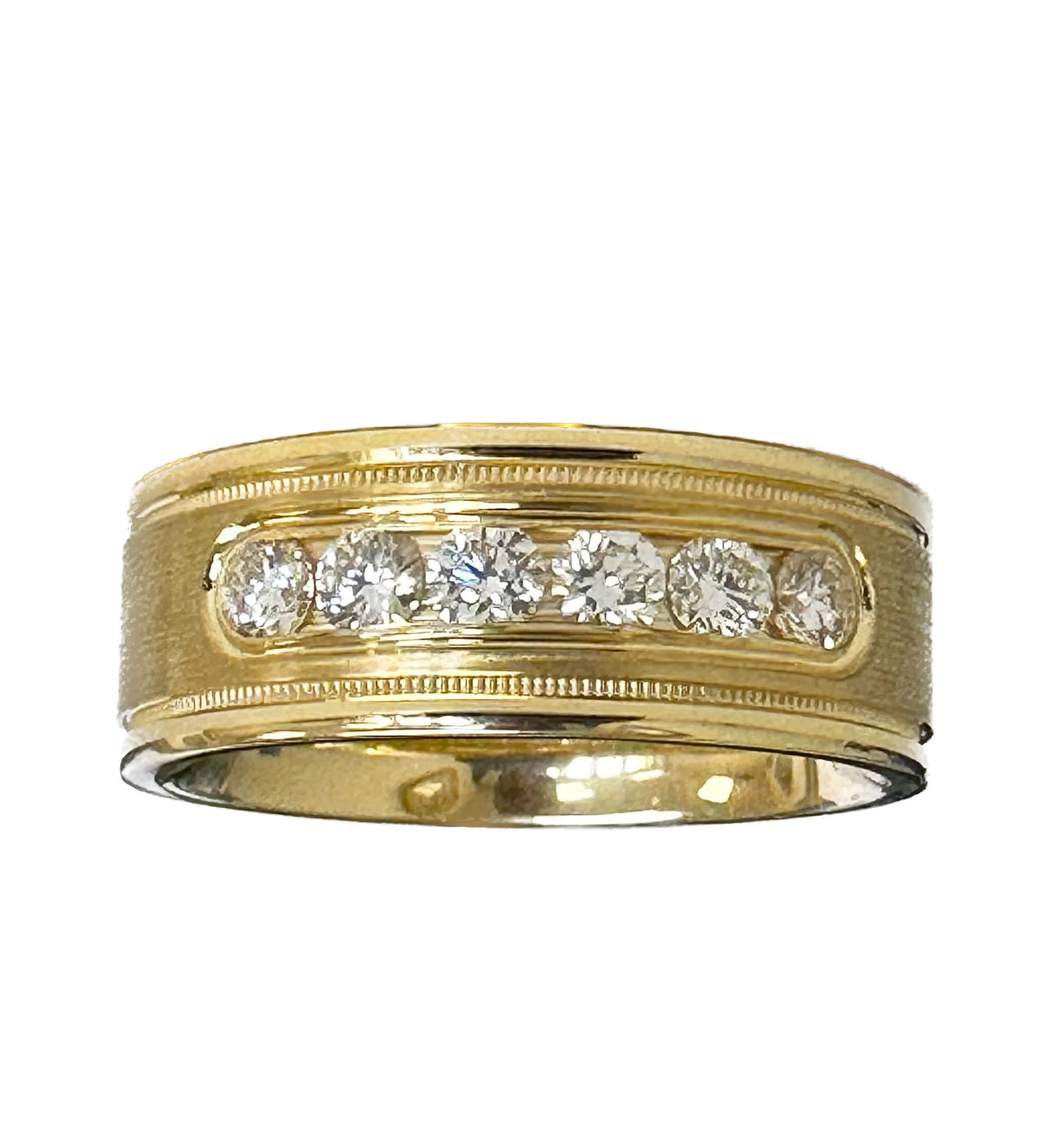 Close-up front shot highlighting the six round-cut lab diamonds framed by delicate milgrain detailing.
