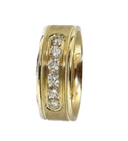 Standing side profile view displaying the thick gold band construction and smooth inner comfort band.