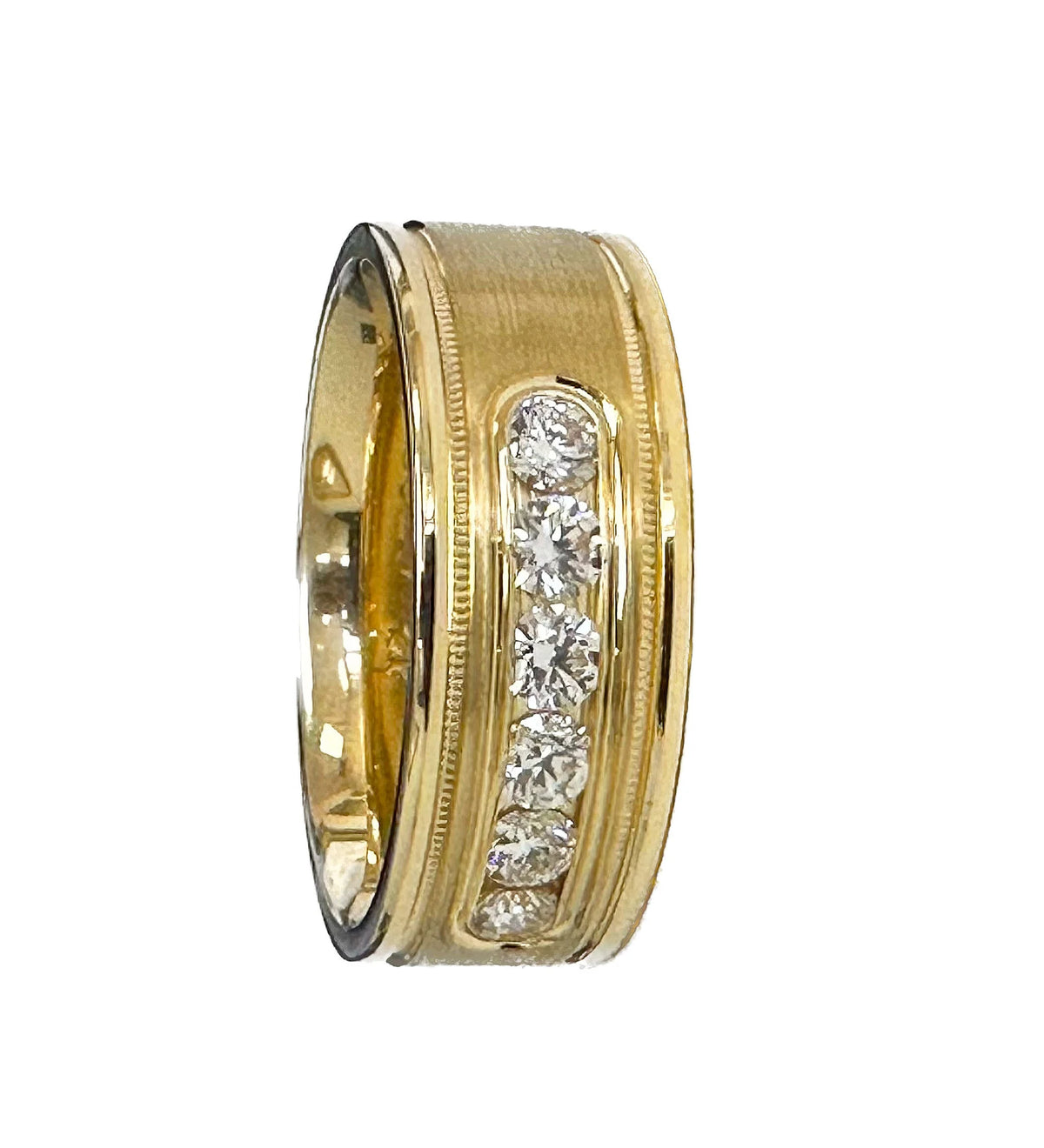 Vertical side perspective showcasing the contrast between the polished gold edge and satin finish inlay.