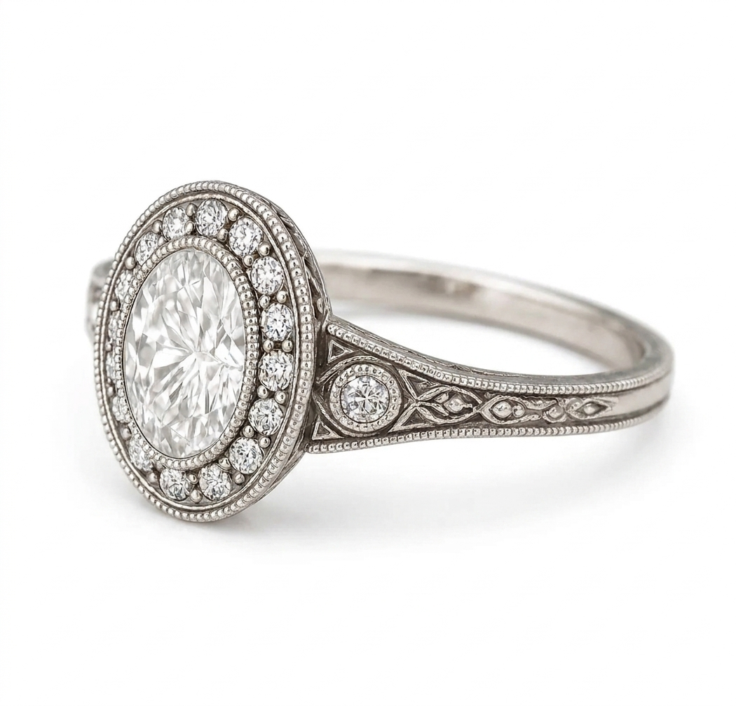 Side perspective of a vintage 3 CT oval lab-grown diamond ring with milgrain halo and filigree engraved band.