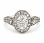 Top-down front view of a 3 CT oval cut lab diamond engagement ring featuring an intricate milgrain bezel halo.
