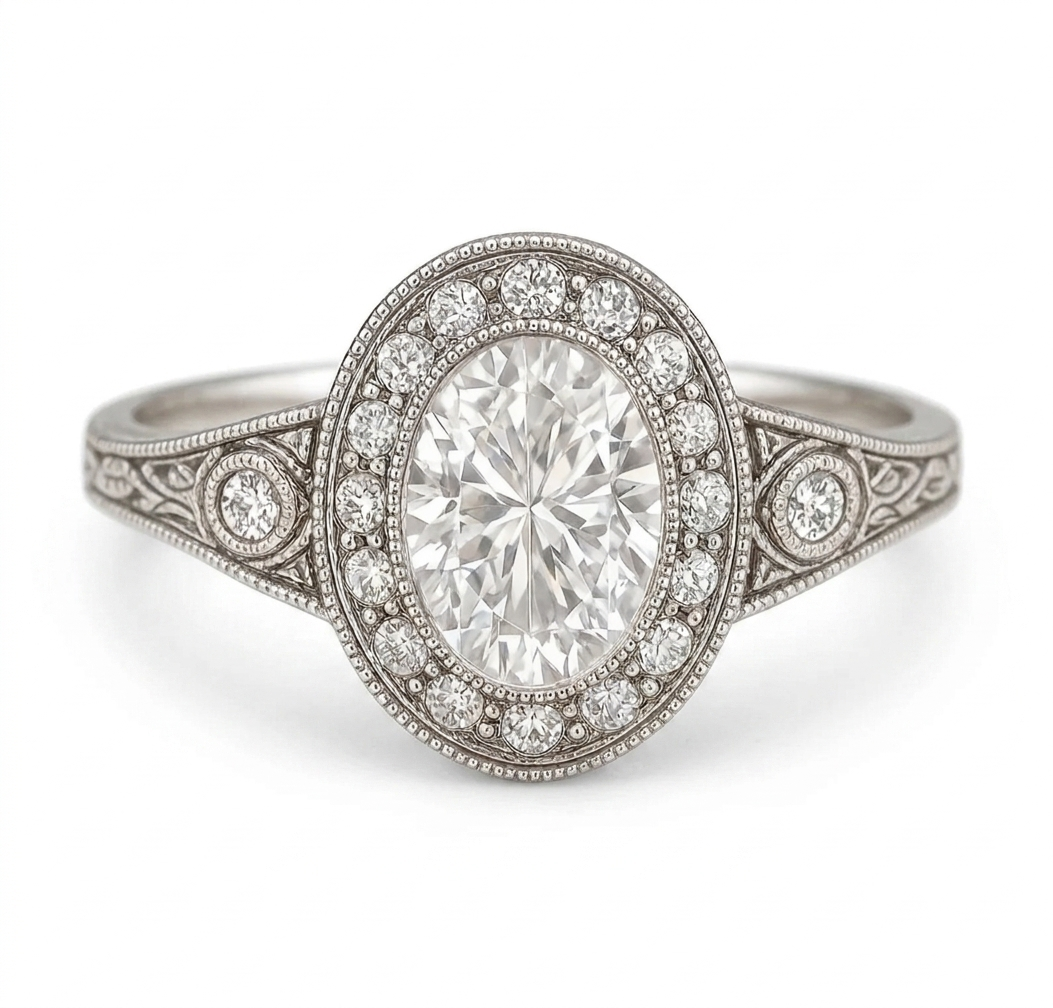 Top-down front view of a 3 CT oval cut lab diamond engagement ring featuring an intricate milgrain bezel halo.