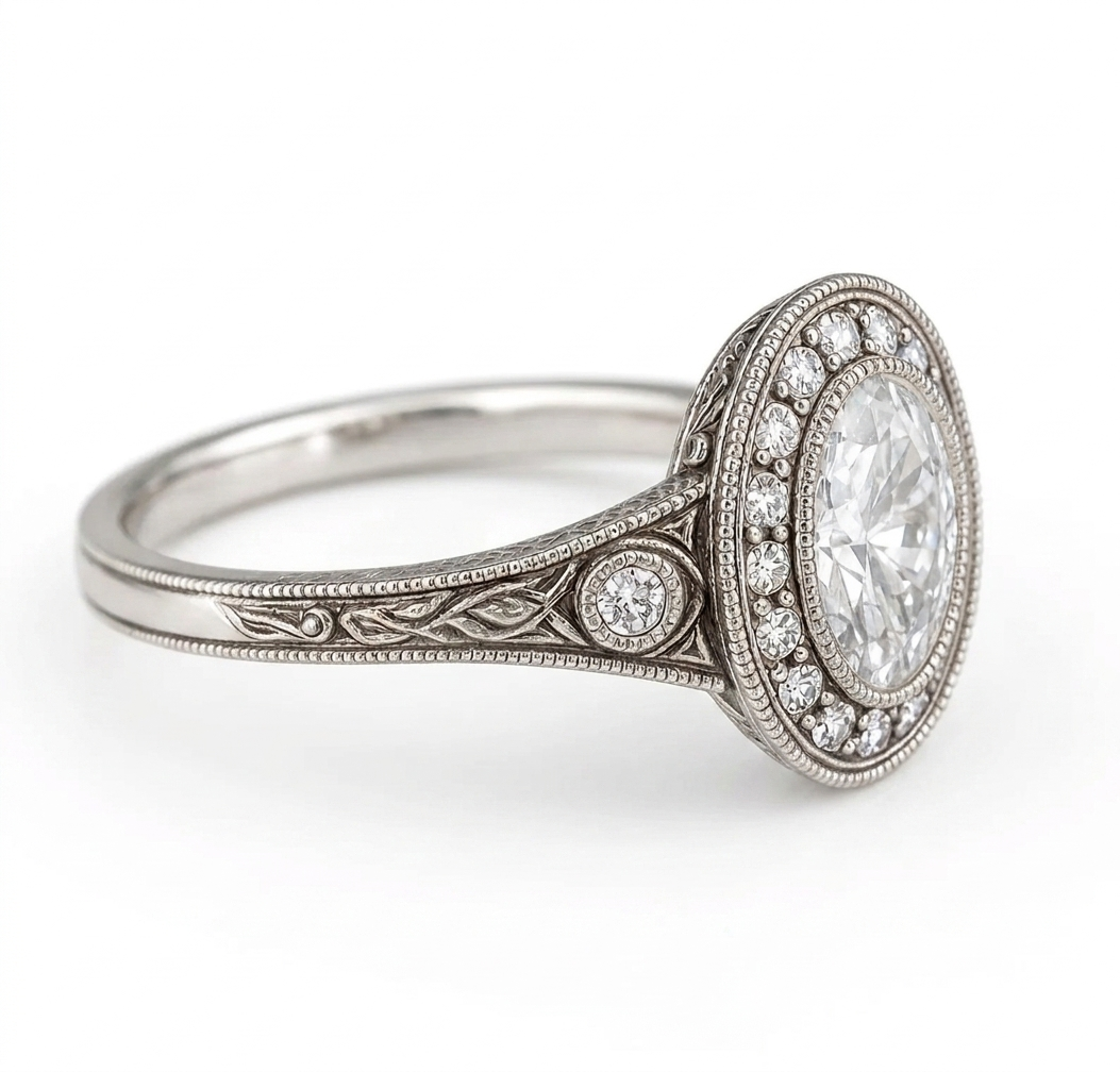 Profile view highlighting side filigree carving and accent diamond bezel on a white gold vintage band.