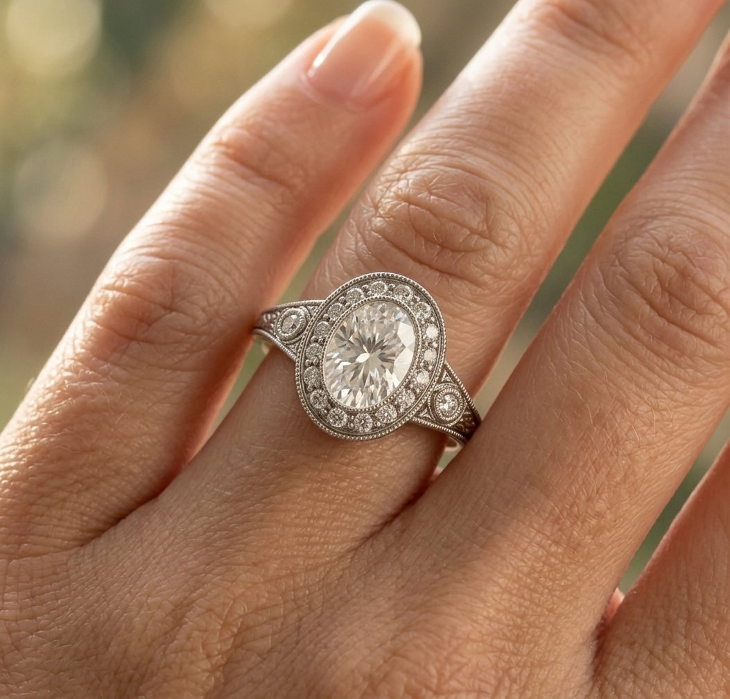 On-hand view of a 3 carat oval lab-grown diamond engagement ring under natural daylight.