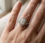 Close-up on-finger shot showcasing the brilliance and detailed craftsmanship of the 3 CT oval diamond ring.