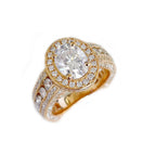 Detailed angled view focusing on the sparkling oval-cut center diamond and surrounding micro-pave halo.