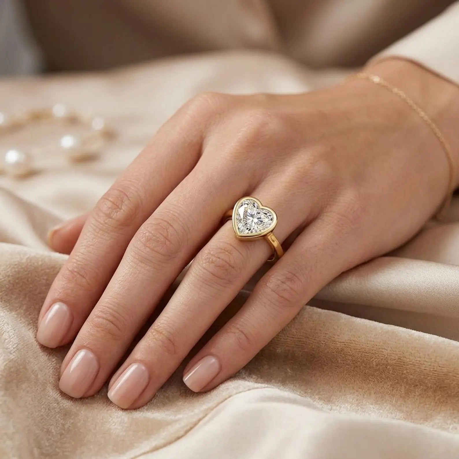 Model wearing a modern 3 carat heart shaped lab diamond ring with a yellow gold bezel frame.