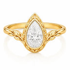 Front view of a 3 CT pear cut lab grown diamond ring with leaf bezel in 14K yellow gold.