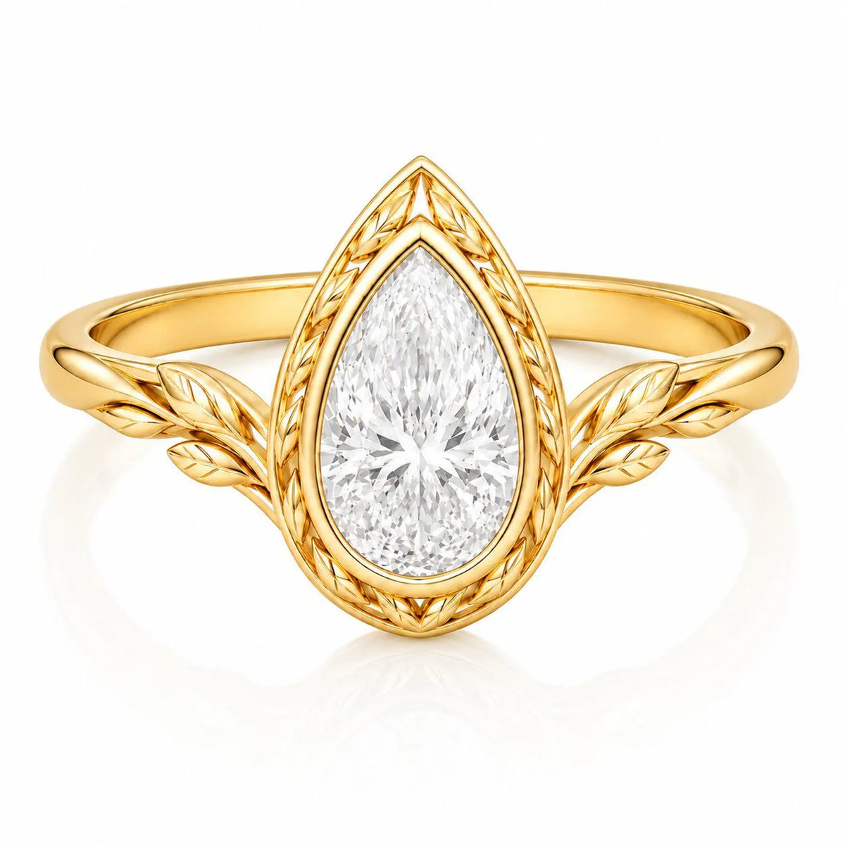 Front view of a 3 CT pear cut lab grown diamond ring with leaf bezel in 14K yellow gold.