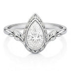 Front view of a 3 CT pear cut lab grown diamond ring with leaf engraved bezel in white gold.
