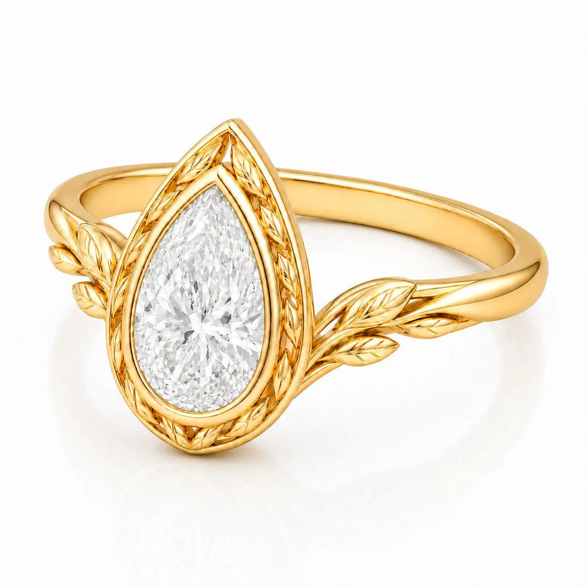 Angled view of 3 carat pear shape lab created diamond ring with organic leaf motif in yellow gold.