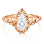 Front view of a 3 CT pear cut lab grown diamond ring with carved leaf bezel in rose gold.