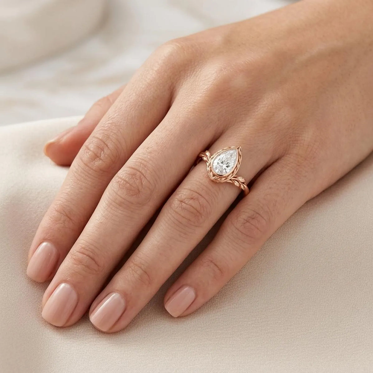 Top angle on-hand view of 3 carat pear shape lab grown diamond ring in rose gold setting.
