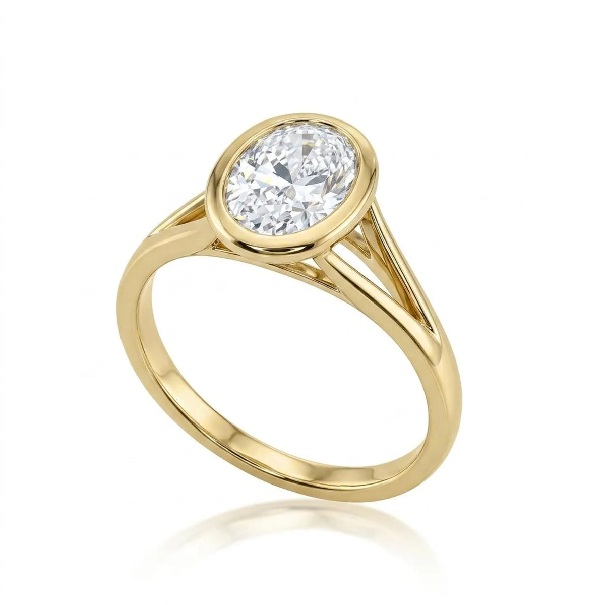Three-quarter perspective view of a 3 carat oval lab created diamond ring with yellow gold split band bezel.