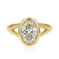 Top-down front view showing a brilliant 3 CT oval lab diamond framed in a yellow gold bezel with split shoulders.