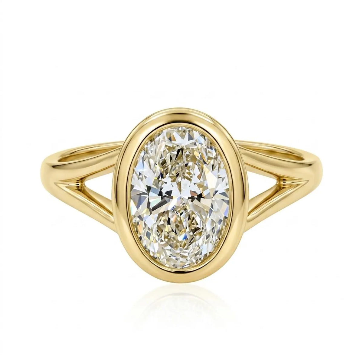 Top-down front view showing a brilliant 3 CT oval lab diamond framed in a yellow gold bezel with split shoulders.