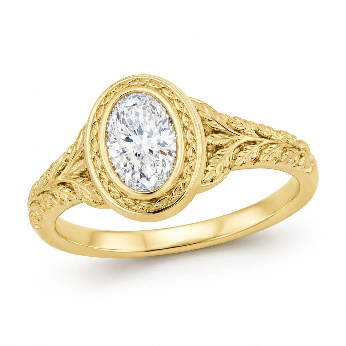 Angled perspective view of a 3 CT oval cut lab grown diamond ring with carved leaf bezel and band in yellow gold.