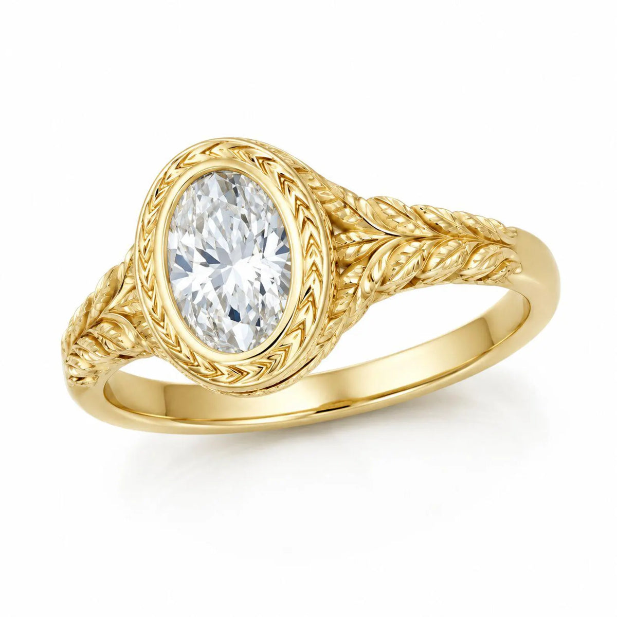 Side-angle view highlighting the hand-carved botanical leaf pattern on the yellow gold engagement ring shank.