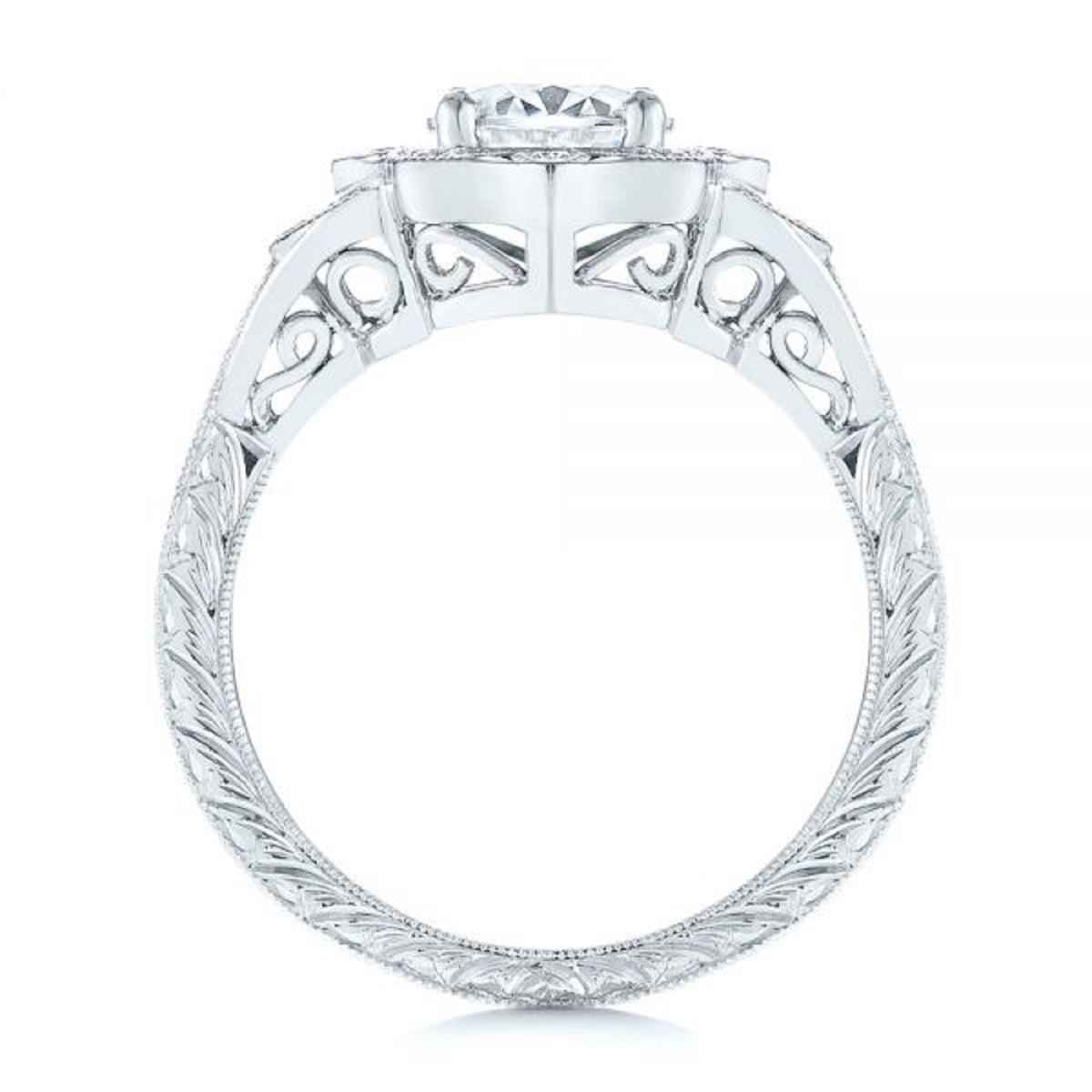 Studio elevation profile showing open filigree arches and fully hand-engraved ring band.