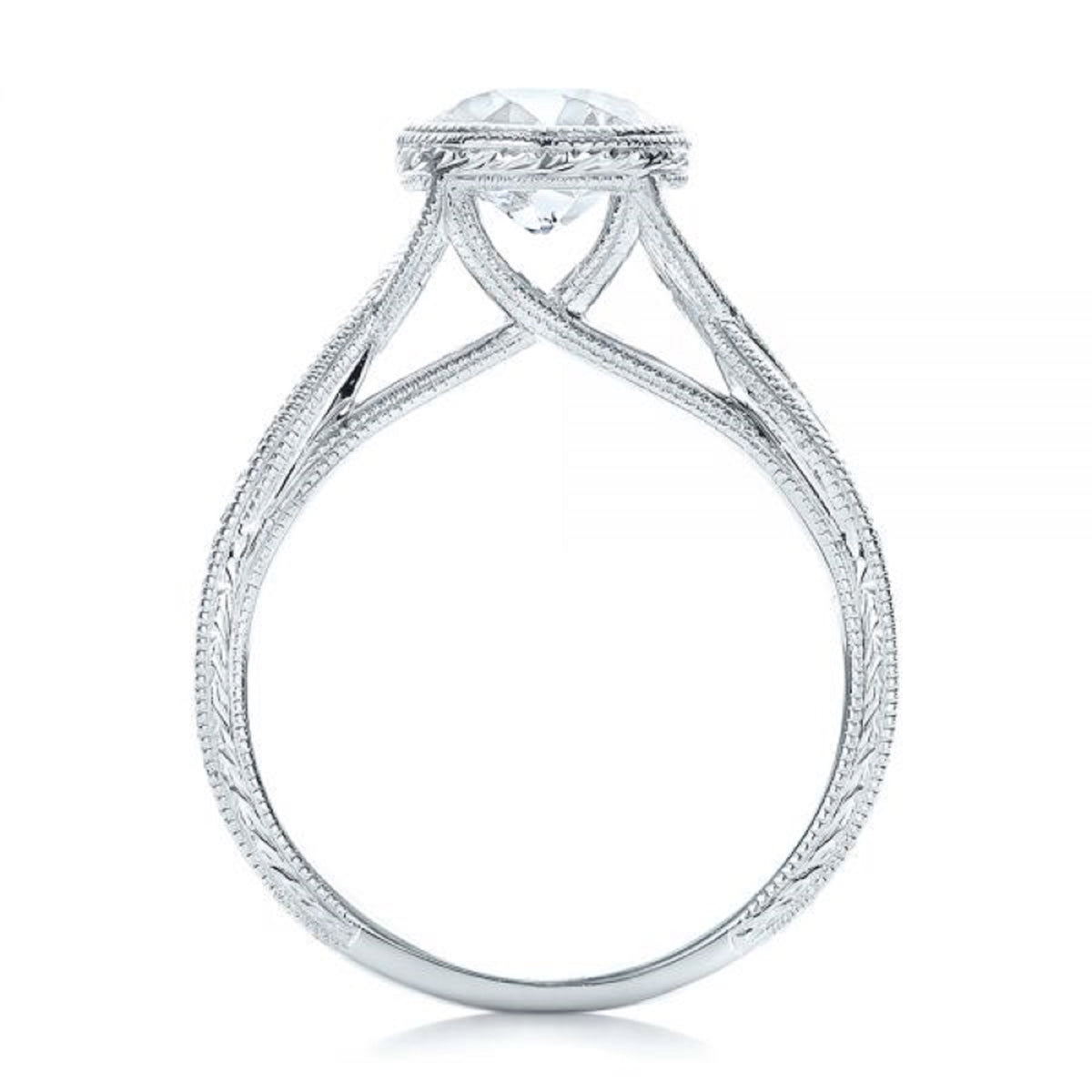 Direct side profile view illustrating the crossover twisted cathedral setting beneath the bezel.