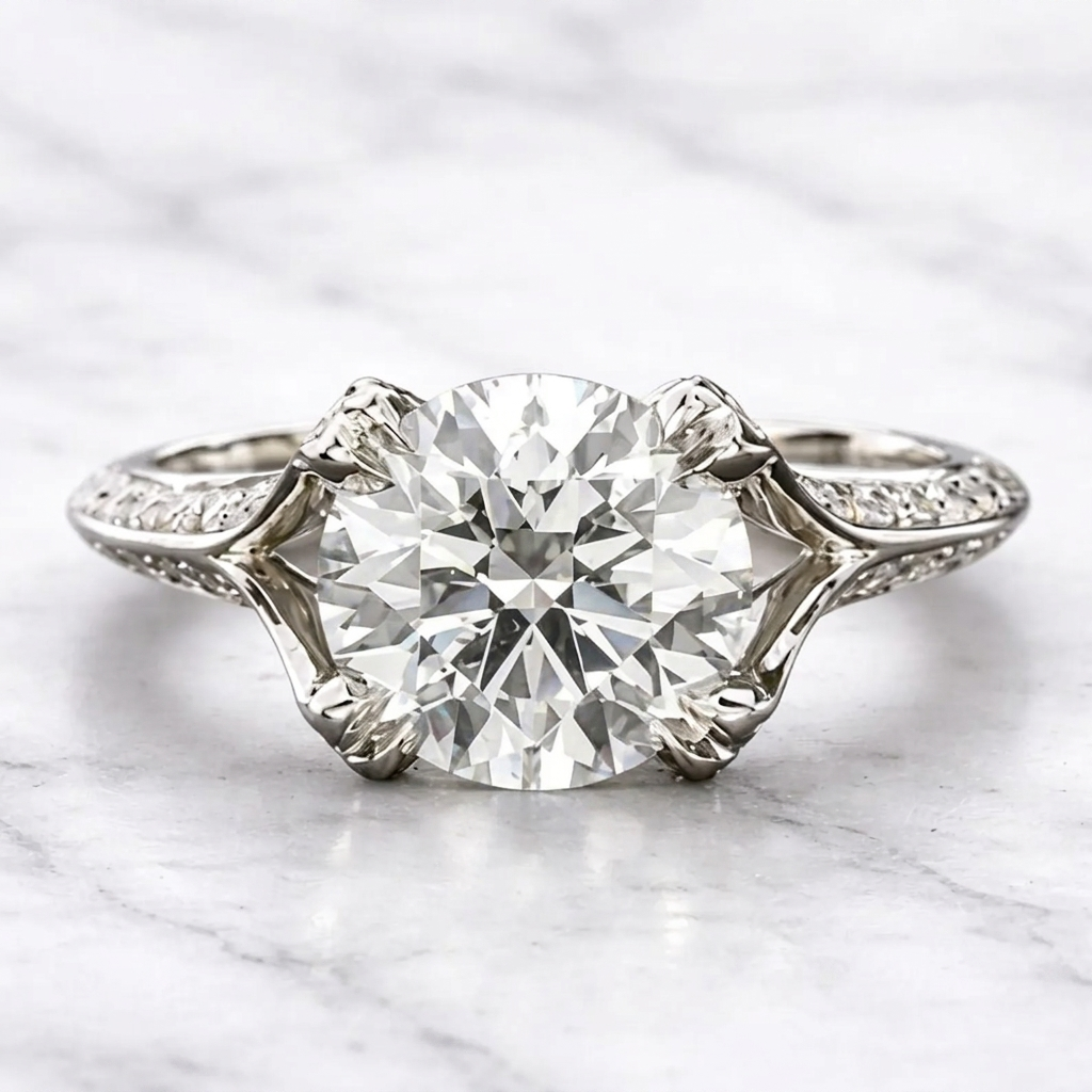 Top-down direct view of a 3 carat round cut lab grown diamond ring with micro-pavé side accent diamonds set in white gold.
