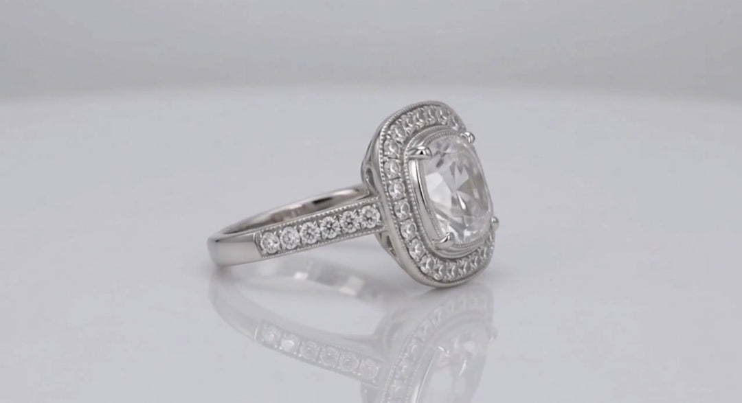 Side three-quarter angle view of a 3 ct cushion cut lab grown diamond ring with milgrain-bordered halo and accent-set band.