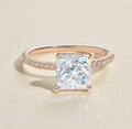 Front angled perspective showing the square princess cut lab diamond and rose gold micro-pavé set band.