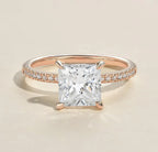 Direct front view showcasing the brilliance and facet structure of a 2ct square princess cut lab diamond in rose gold.