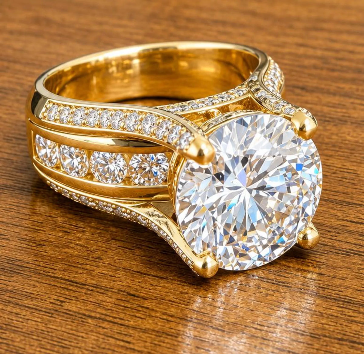 High-angle close-up of a 3 carat round cut lab diamond sitting on a wide yellow gold band with multi-row accents.
