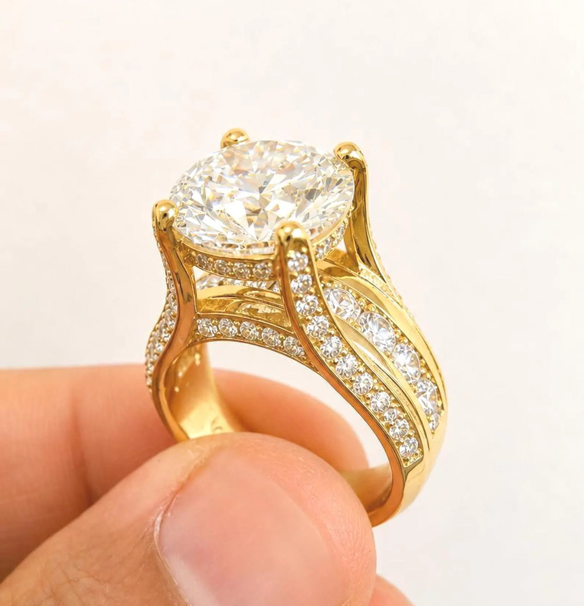 Profile view revealing the micro-pavé prongs and hidden halo underneath a 3 carat round lab grown diamond.