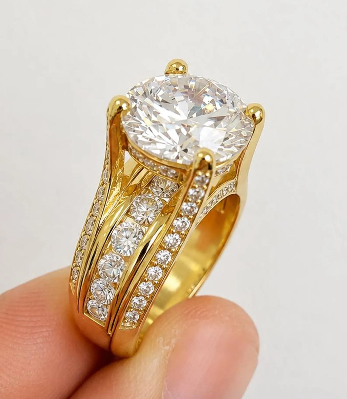 Side profile shot showing the substantial yellow gold band structure and brilliant center stone elevation.