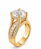 Clean studio product photo of a 3 carat round lab grown diamond wide triple-row engagement ring in 14K yellow gold.