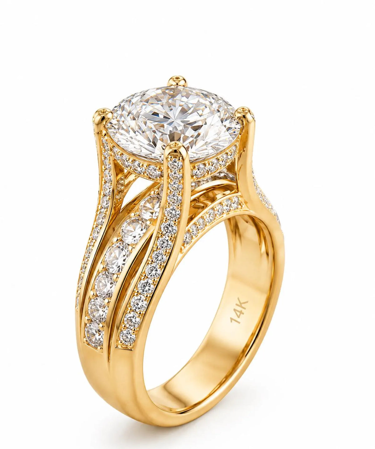 Clean studio product photo of a 3 carat round lab grown diamond wide triple-row engagement ring in 14K yellow gold.